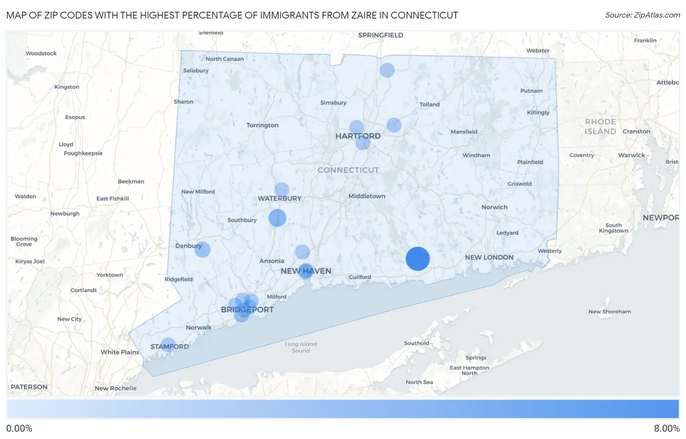 Zip Codes with the Highest Percentage of Immigrants from Zaire in Connecticut Map