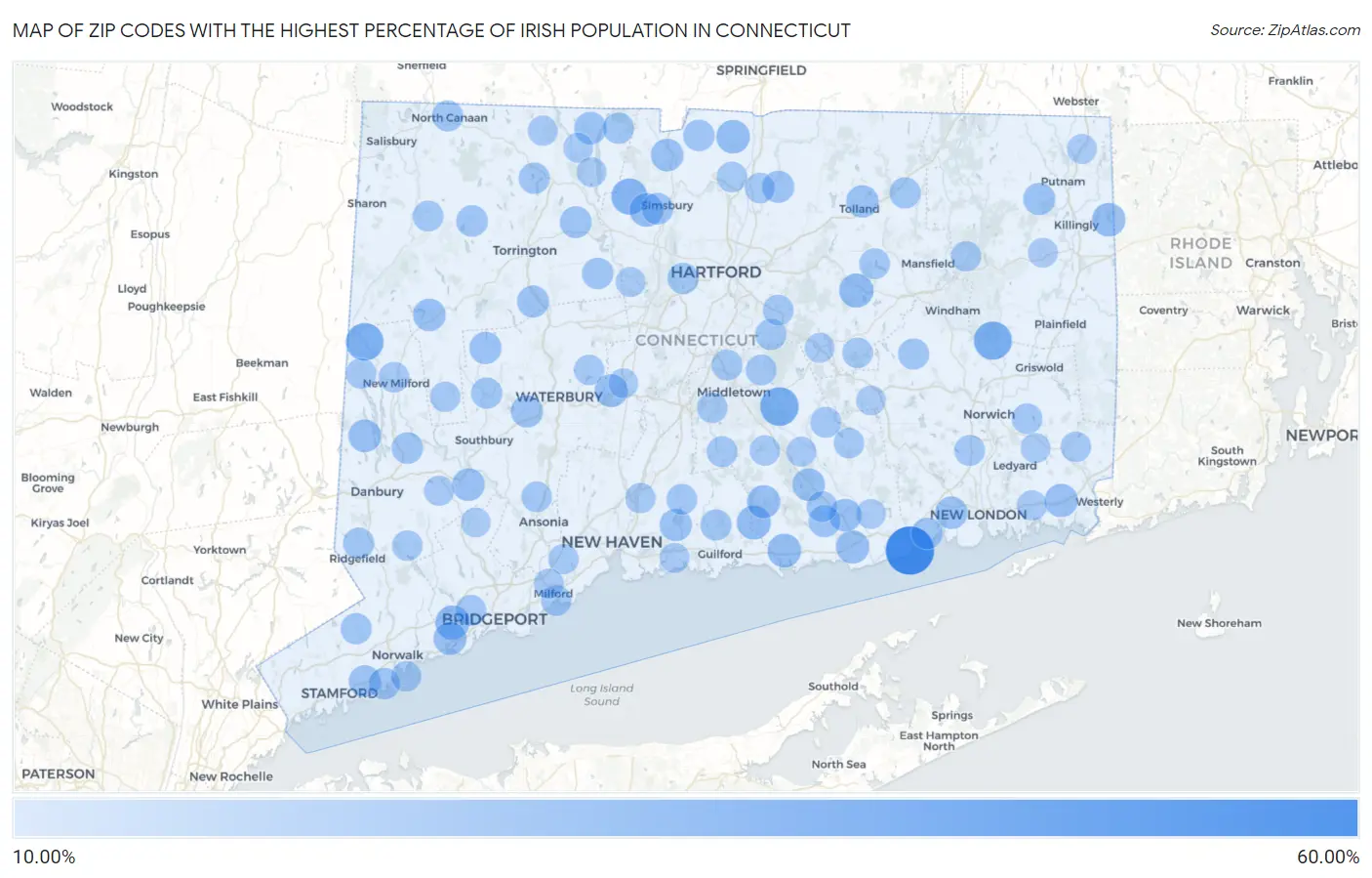 Zip Codes with the Highest Percentage of Irish Population in Connecticut Map