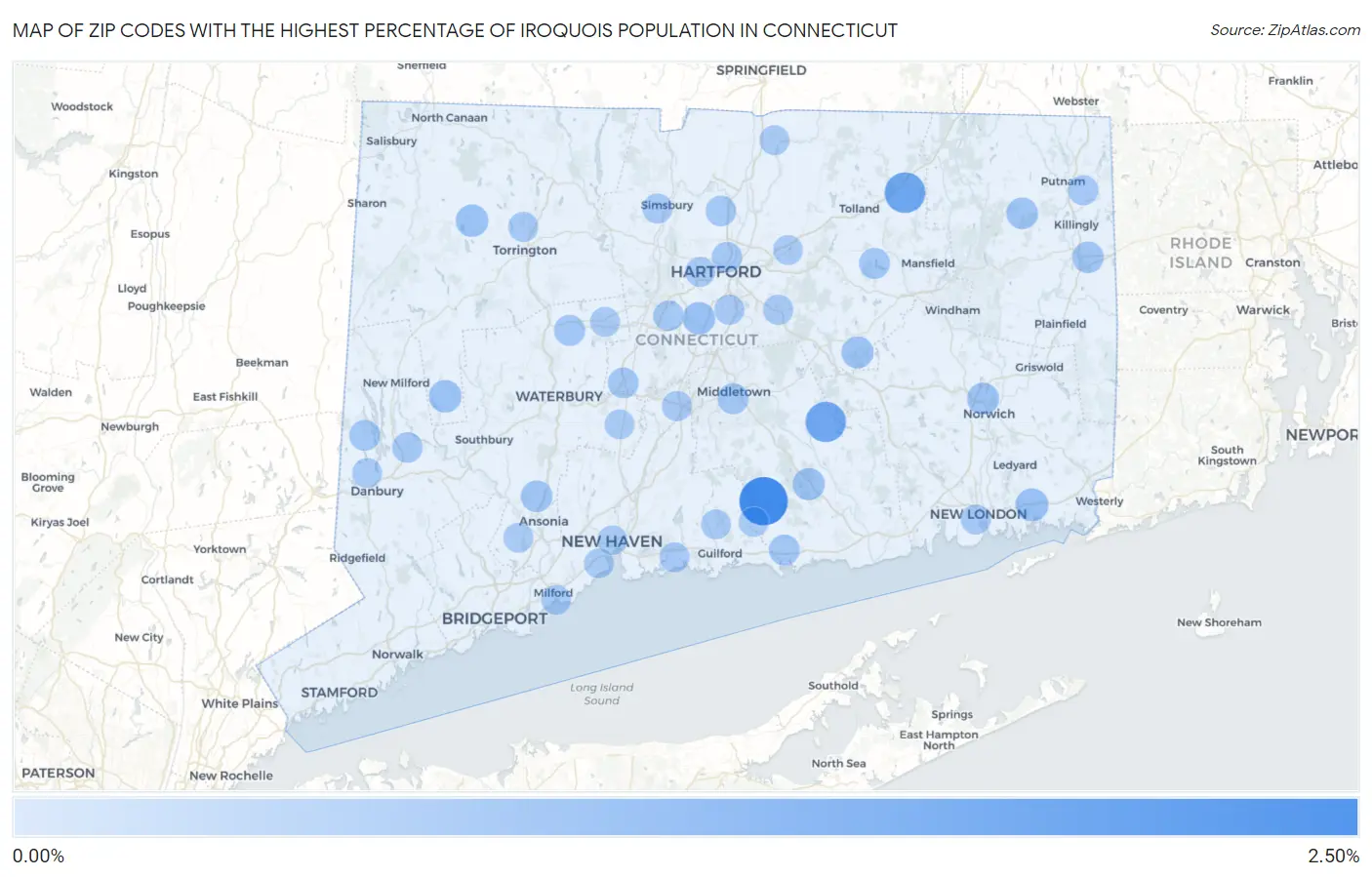 Zip Codes with the Highest Percentage of Iroquois Population in Connecticut Map