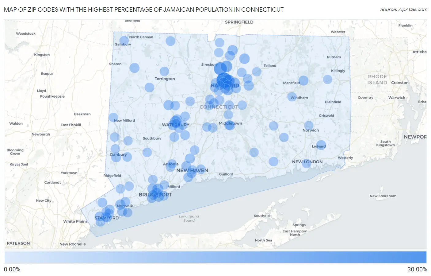 Zip Codes with the Highest Percentage of Jamaican Population in Connecticut Map