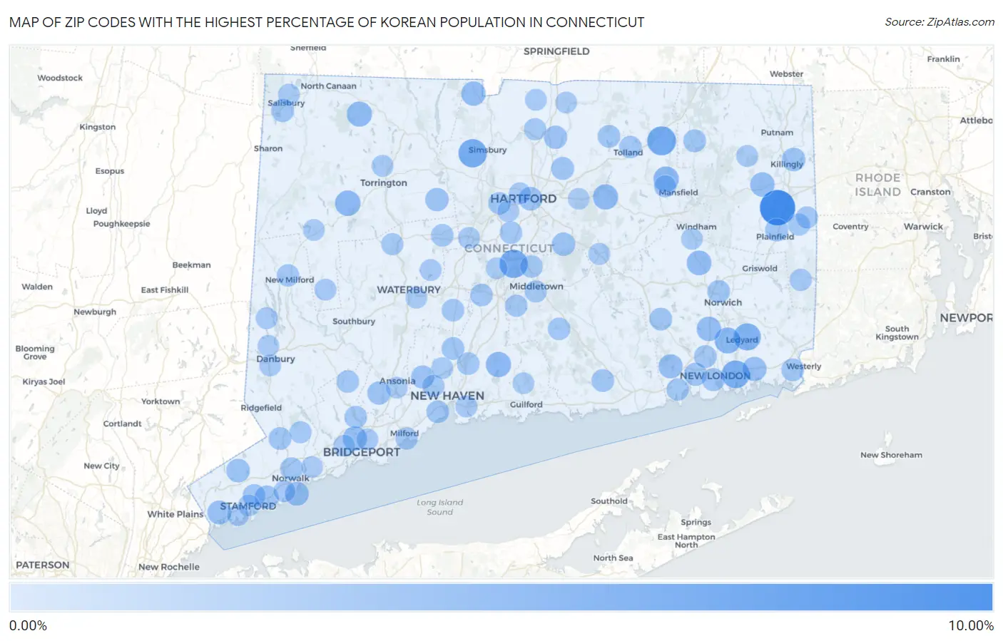 Zip Codes with the Highest Percentage of Korean Population in Connecticut Map