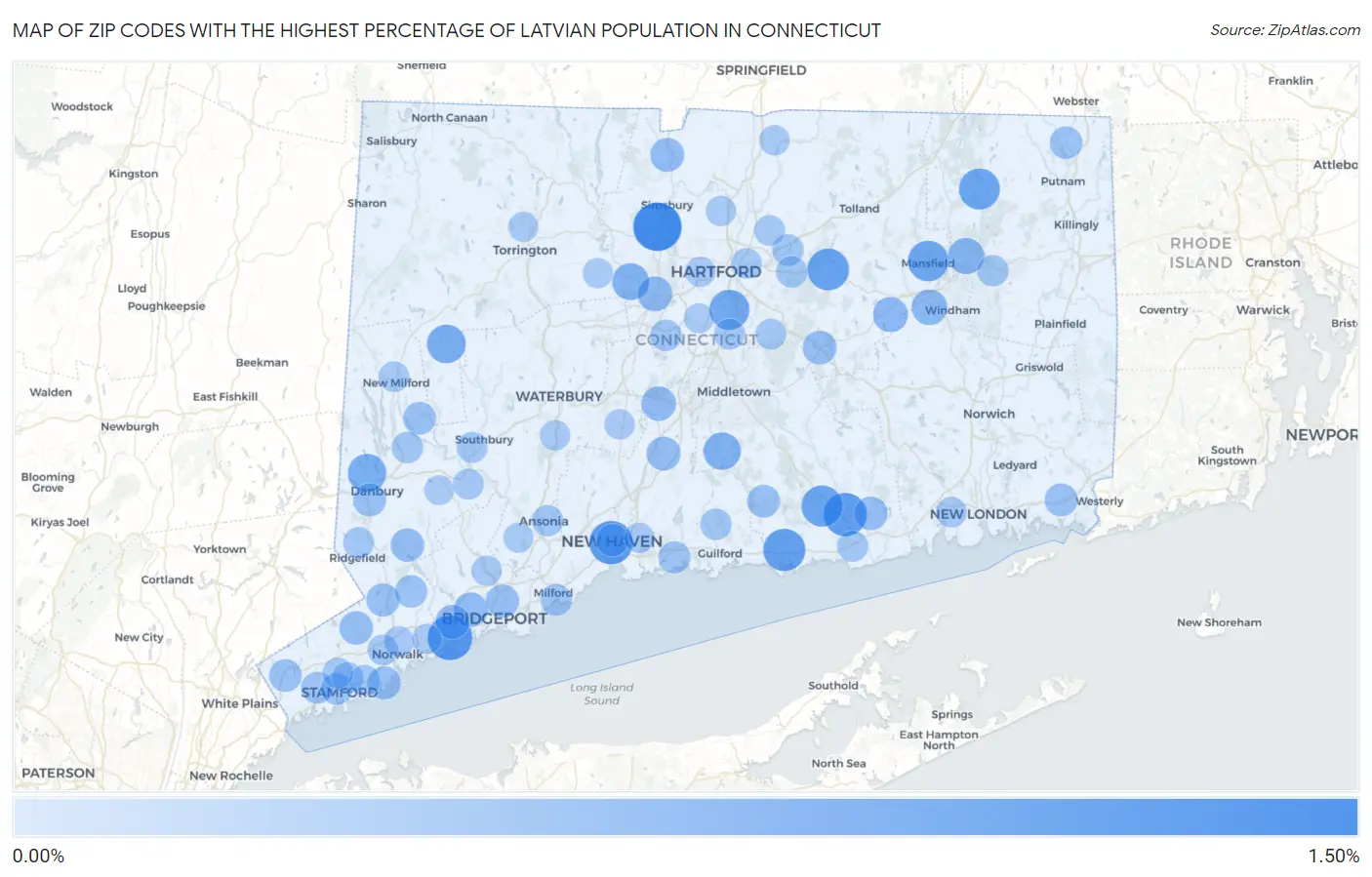 Zip Codes with the Highest Percentage of Latvian Population in Connecticut Map