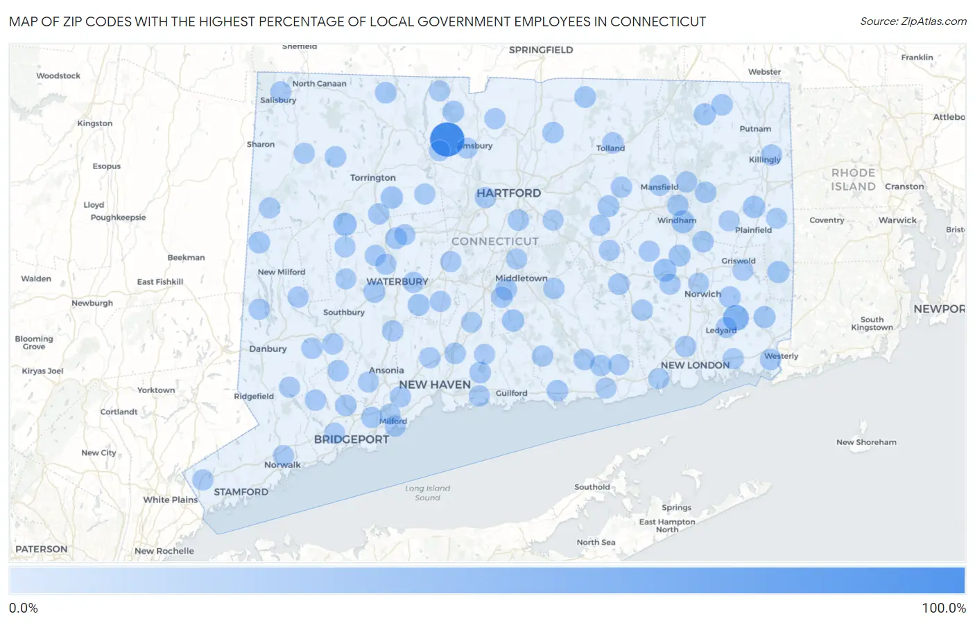 Zip Codes with the Highest Percentage of Local Government Employees in Connecticut Map