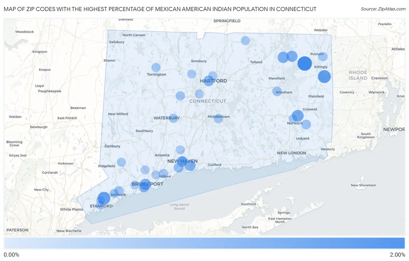 Zip Codes with the Highest Percentage of Mexican American Indian Population in Connecticut Map