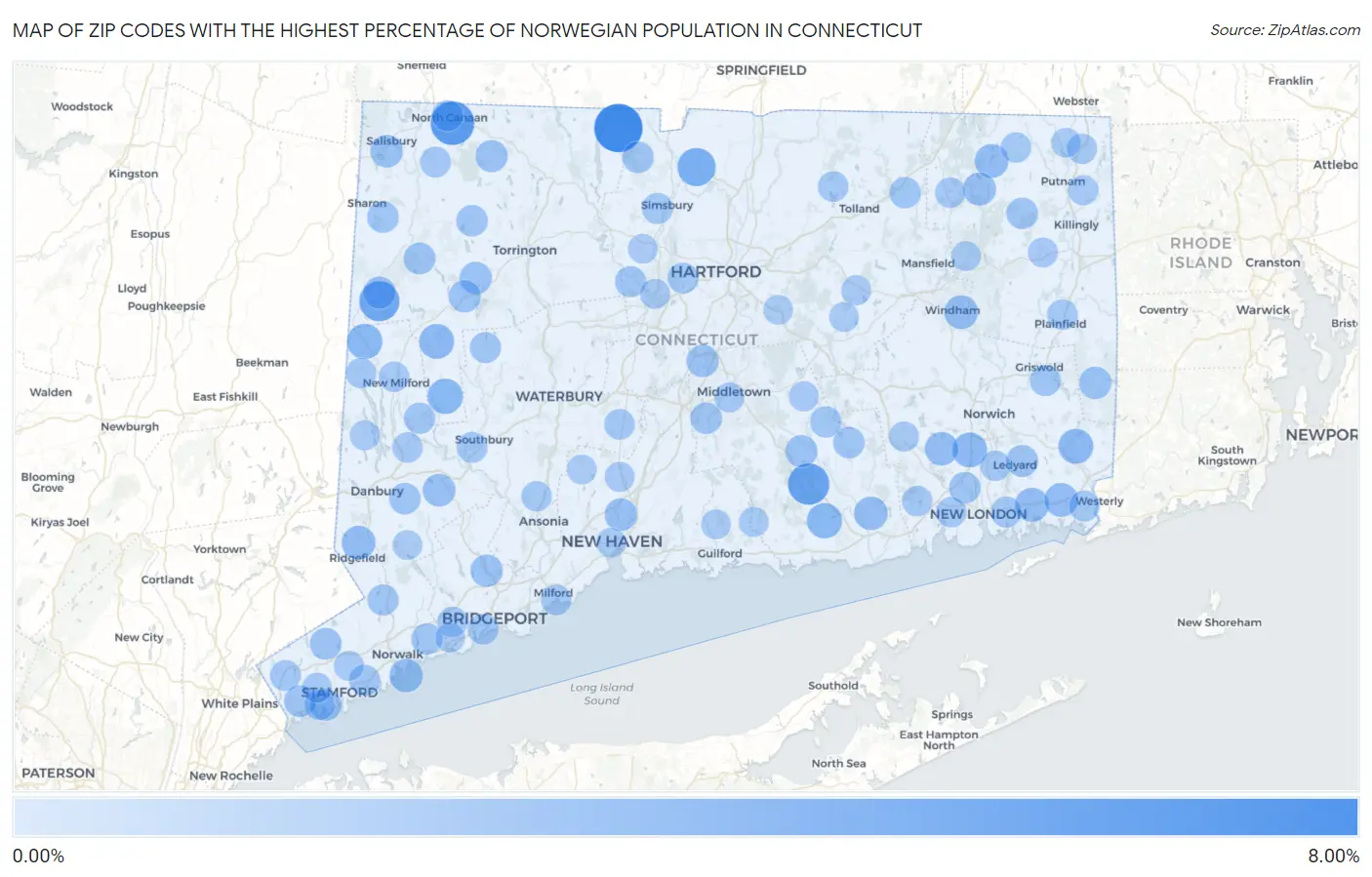 Zip Codes with the Highest Percentage of Norwegian Population in Connecticut Map