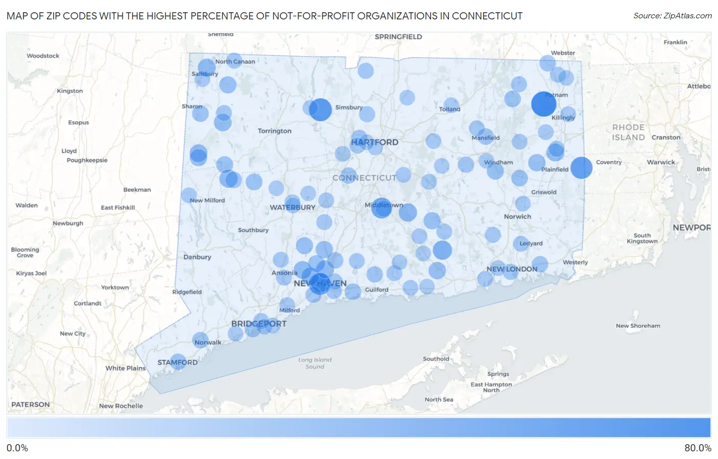 Zip Codes with the Highest Percentage of Not-for-profit Organizations in Connecticut Map