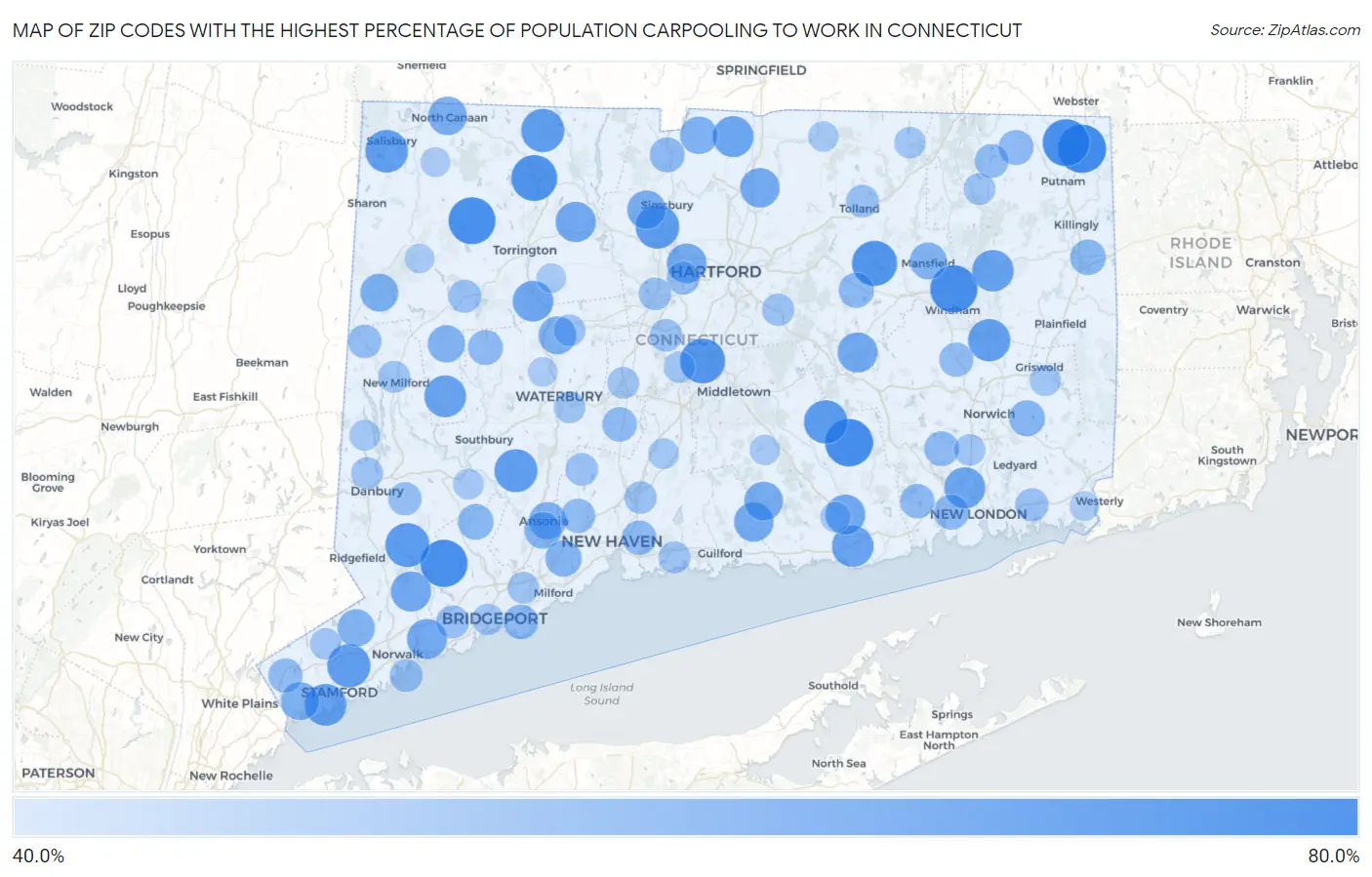 Zip Codes with the Highest Percentage of Population Carpooling to Work in Connecticut Map