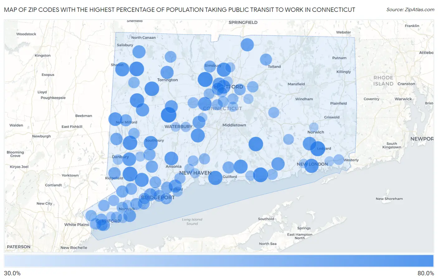 Zip Codes with the Highest Percentage of Population Taking Public Transit to Work in Connecticut Map