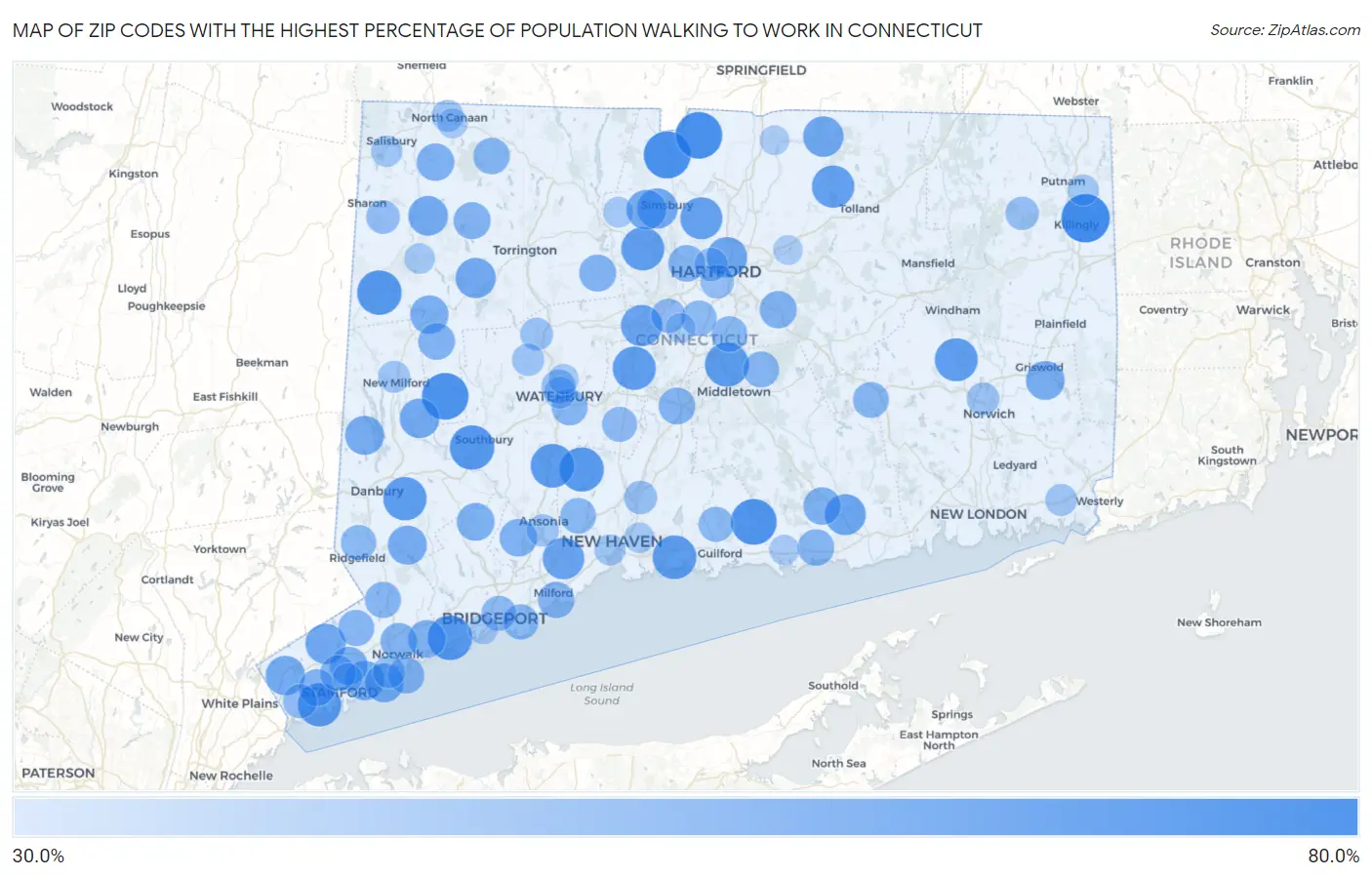 Zip Codes with the Highest Percentage of Population Walking to Work in Connecticut Map