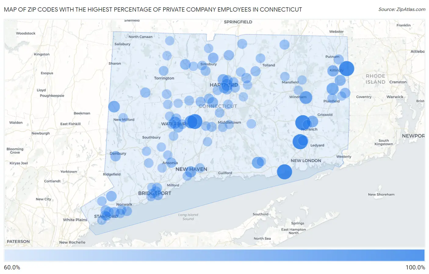 Zip Codes with the Highest Percentage of Private Company Employees in Connecticut Map