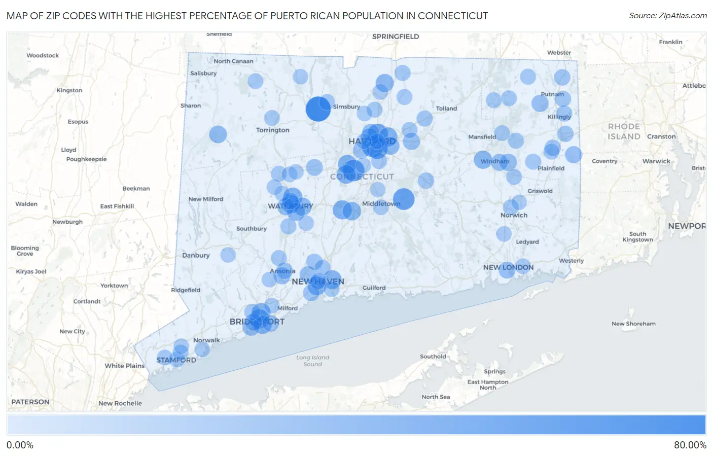 Zip Codes with the Highest Percentage of Puerto Rican Population in Connecticut Map