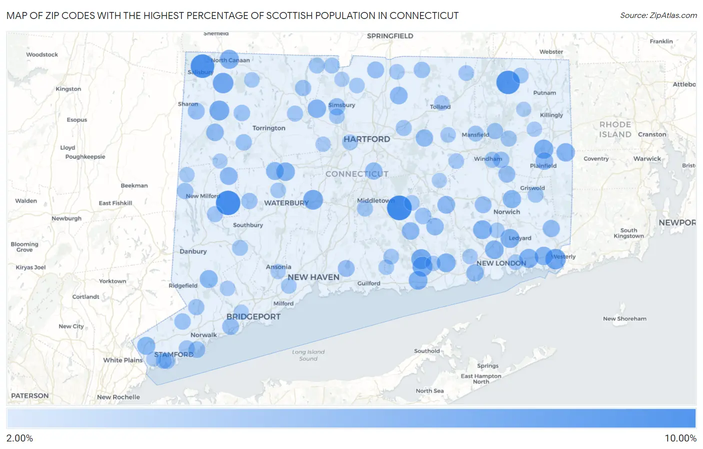 Zip Codes with the Highest Percentage of Scottish Population in Connecticut Map
