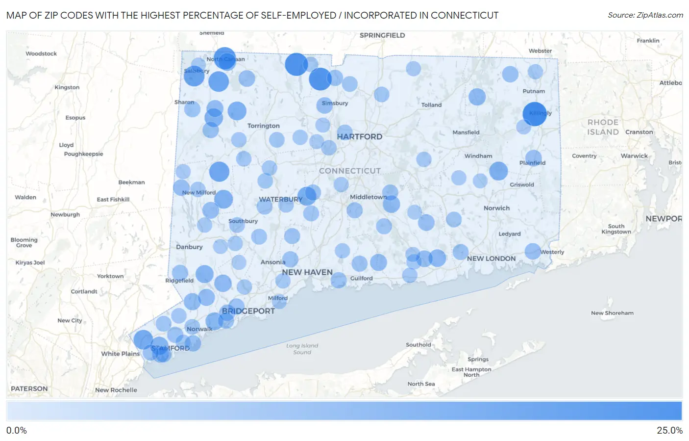 Zip Codes with the Highest Percentage of Self-Employed / Incorporated in Connecticut Map