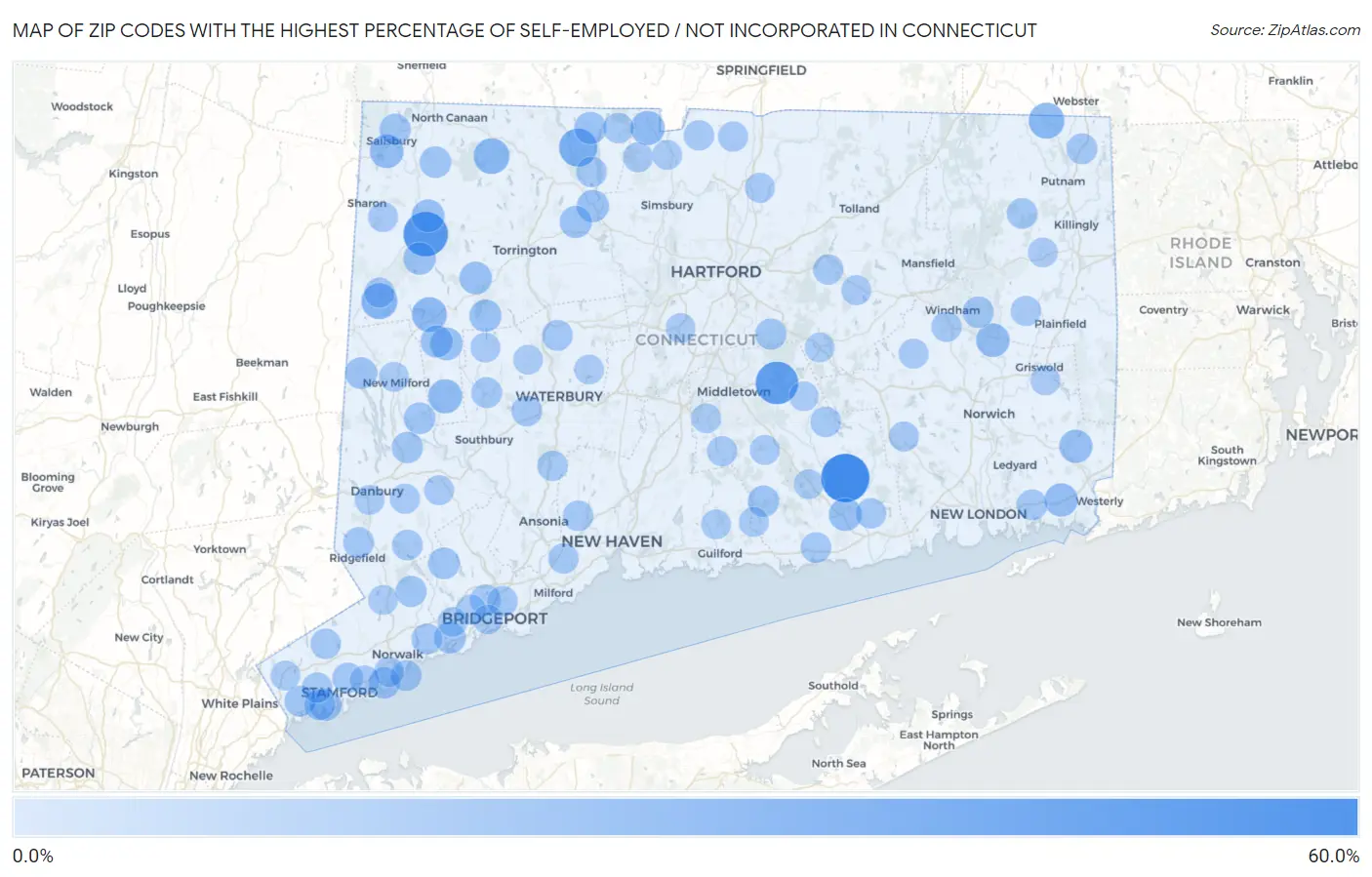 Zip Codes with the Highest Percentage of Self-Employed / Not Incorporated in Connecticut Map