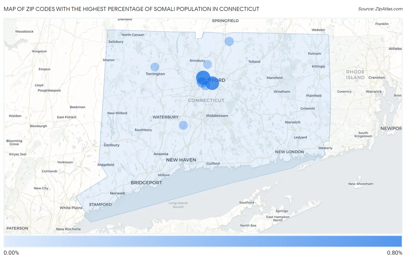Zip Codes with the Highest Percentage of Somali Population in Connecticut Map