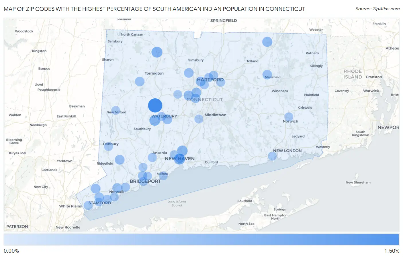 Zip Codes with the Highest Percentage of South American Indian Population in Connecticut Map