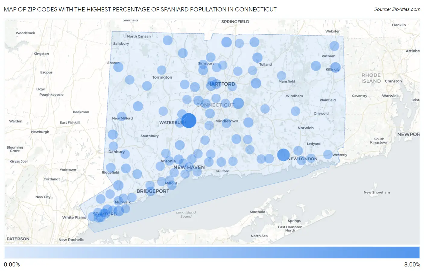 Zip Codes with the Highest Percentage of Spaniard Population in Connecticut Map