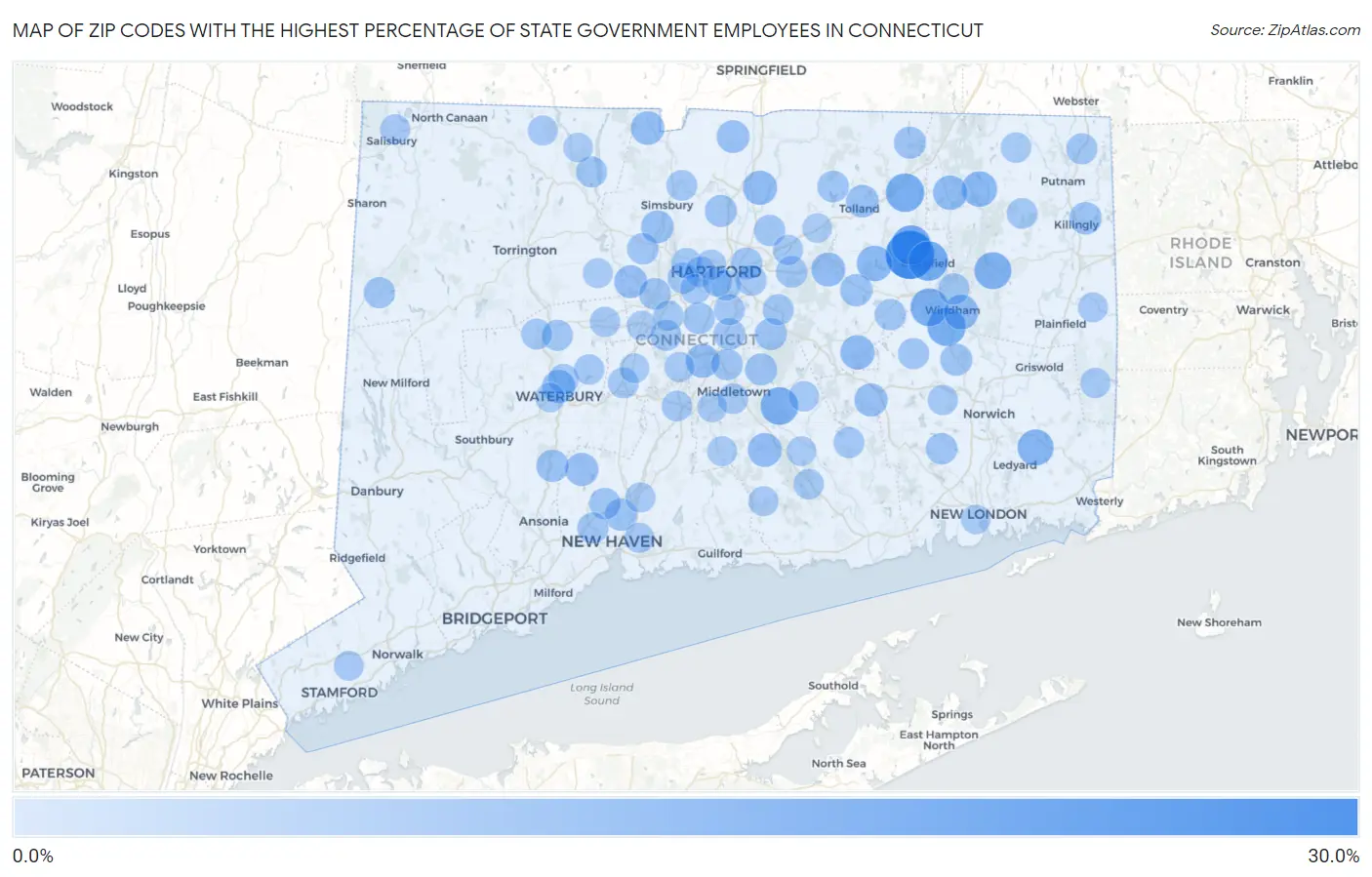 Zip Codes with the Highest Percentage of State Government Employees in Connecticut Map