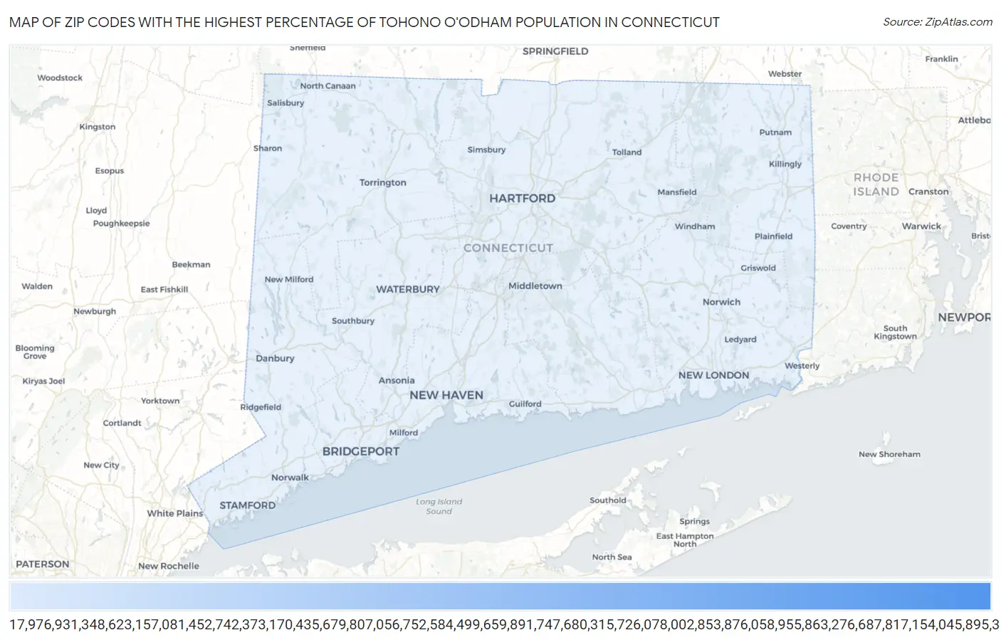 Zip Codes with the Highest Percentage of Tohono O'Odham Population in Connecticut Map