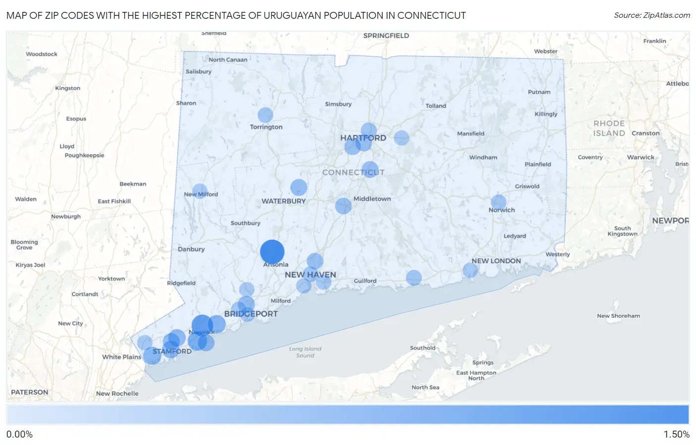 Zip Codes with the Highest Percentage of Uruguayan Population in Connecticut Map