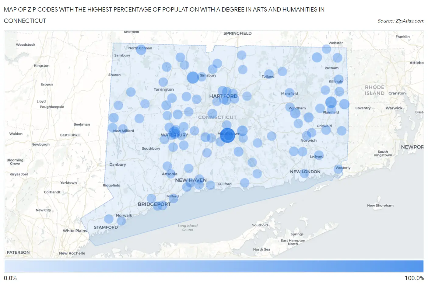 Zip Codes with the Highest Percentage of Population with a Degree in Arts and Humanities in Connecticut Map