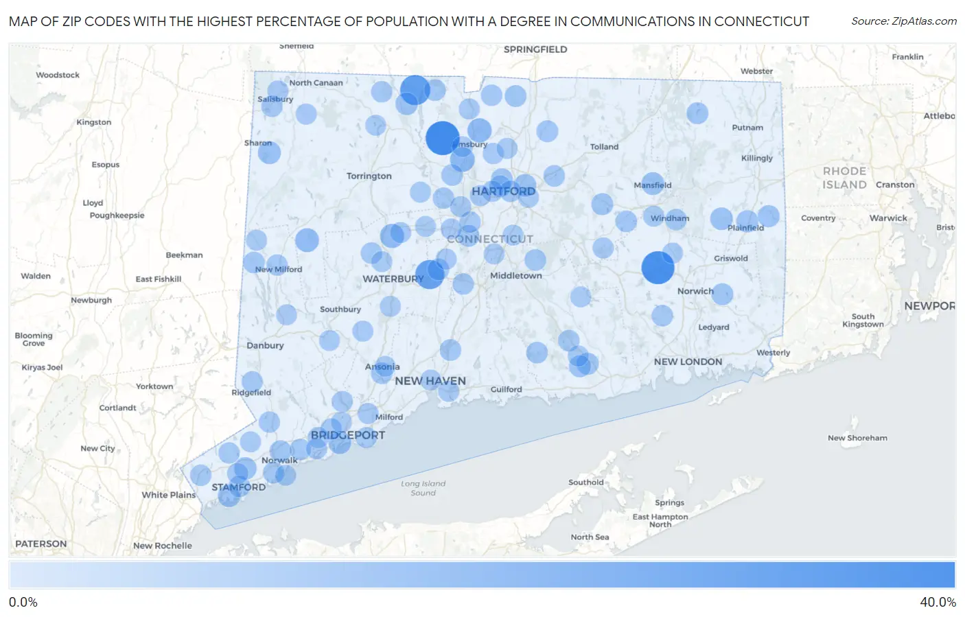 Zip Codes with the Highest Percentage of Population with a Degree in Communications in Connecticut Map