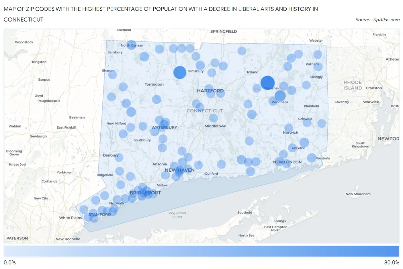 Zip Codes with the Highest Percentage of Population with a Degree in Liberal Arts and History in Connecticut Map