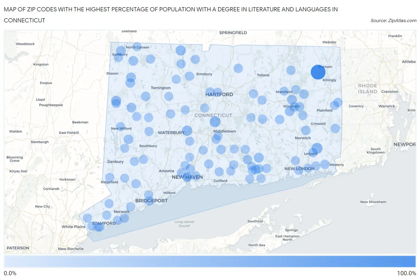 Zip Codes with the Highest Percentage of Population with a Degree in Literature and Languages in Connecticut Map