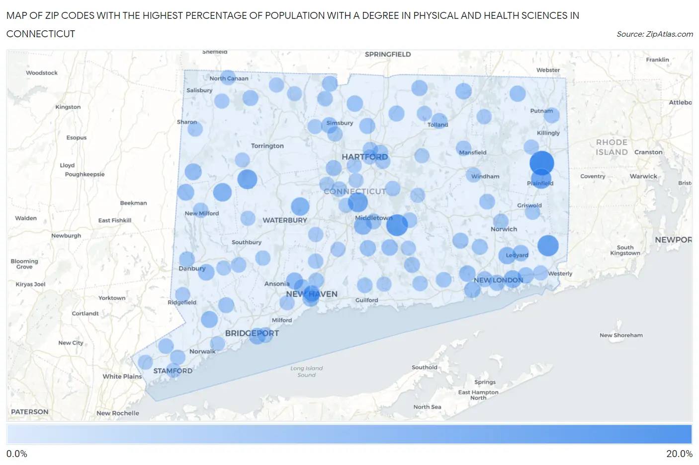 Zip Codes with the Highest Percentage of Population with a Degree in Physical and Health Sciences in Connecticut Map