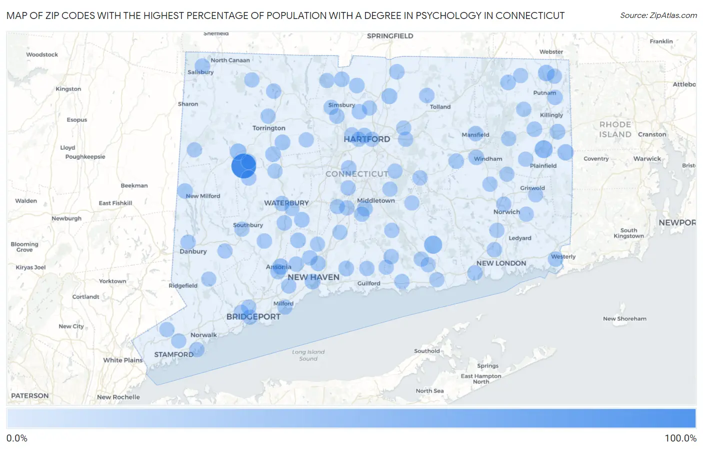 Zip Codes with the Highest Percentage of Population with a Degree in Psychology in Connecticut Map