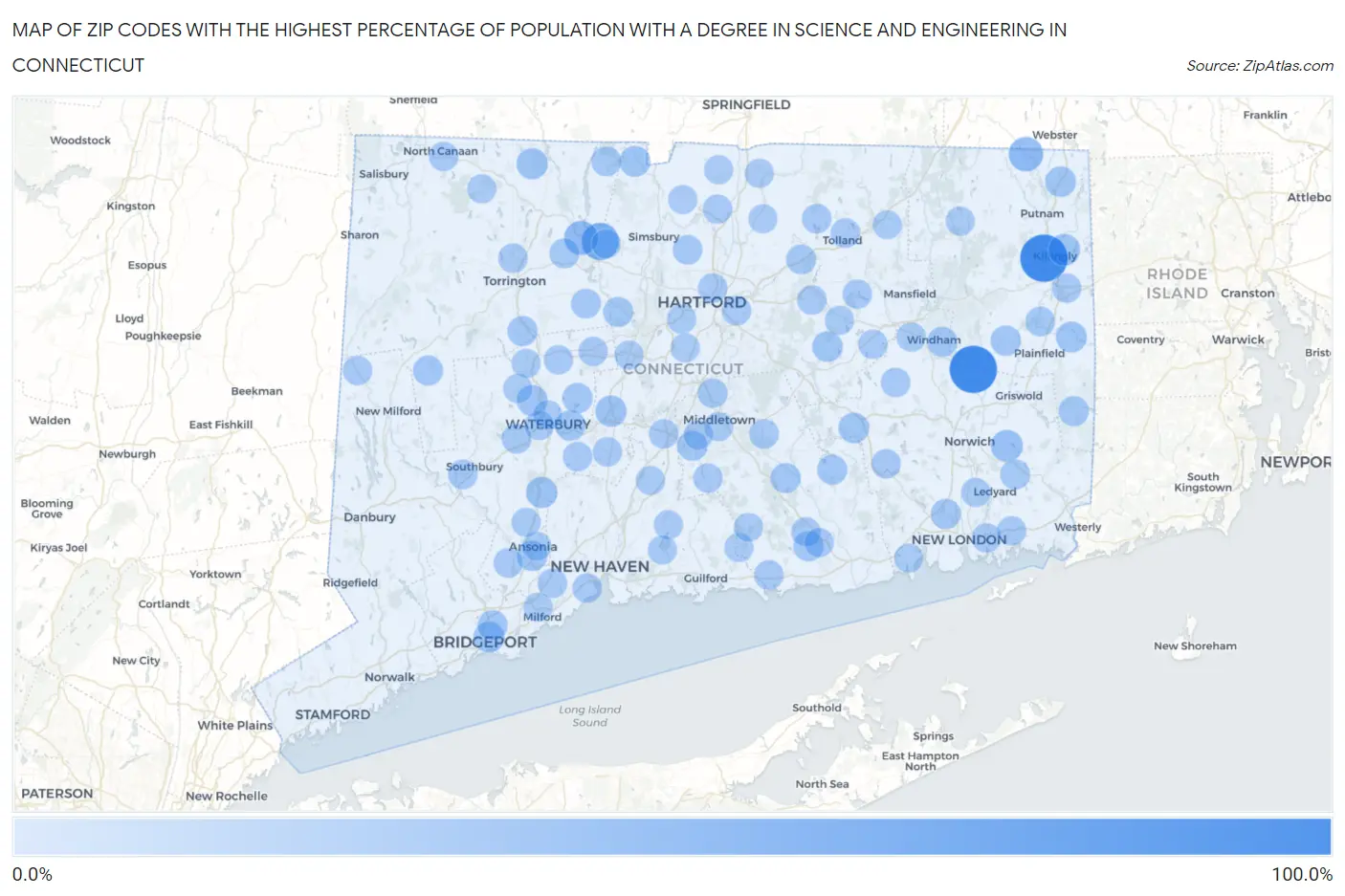 Zip Codes with the Highest Percentage of Population with a Degree in Science and Engineering in Connecticut Map