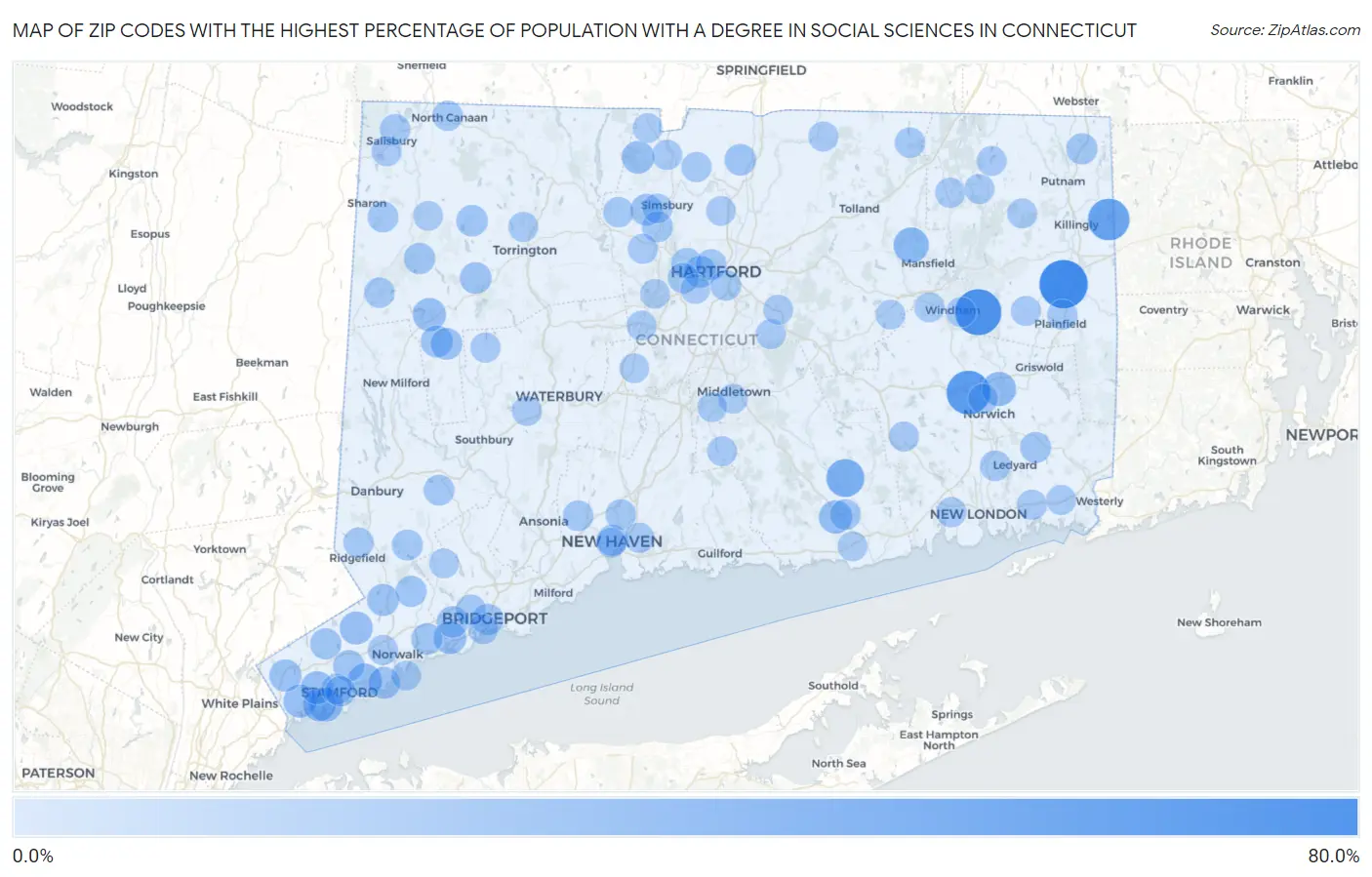 Zip Codes with the Highest Percentage of Population with a Degree in Social Sciences in Connecticut Map