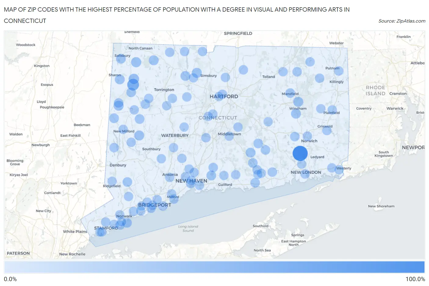 Zip Codes with the Highest Percentage of Population with a Degree in Visual and Performing Arts in Connecticut Map