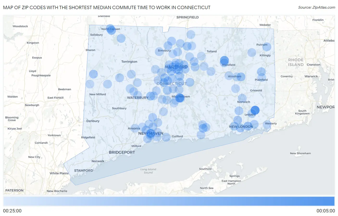 Zip Codes with the Shortest Median Commute Time to Work in Connecticut Map