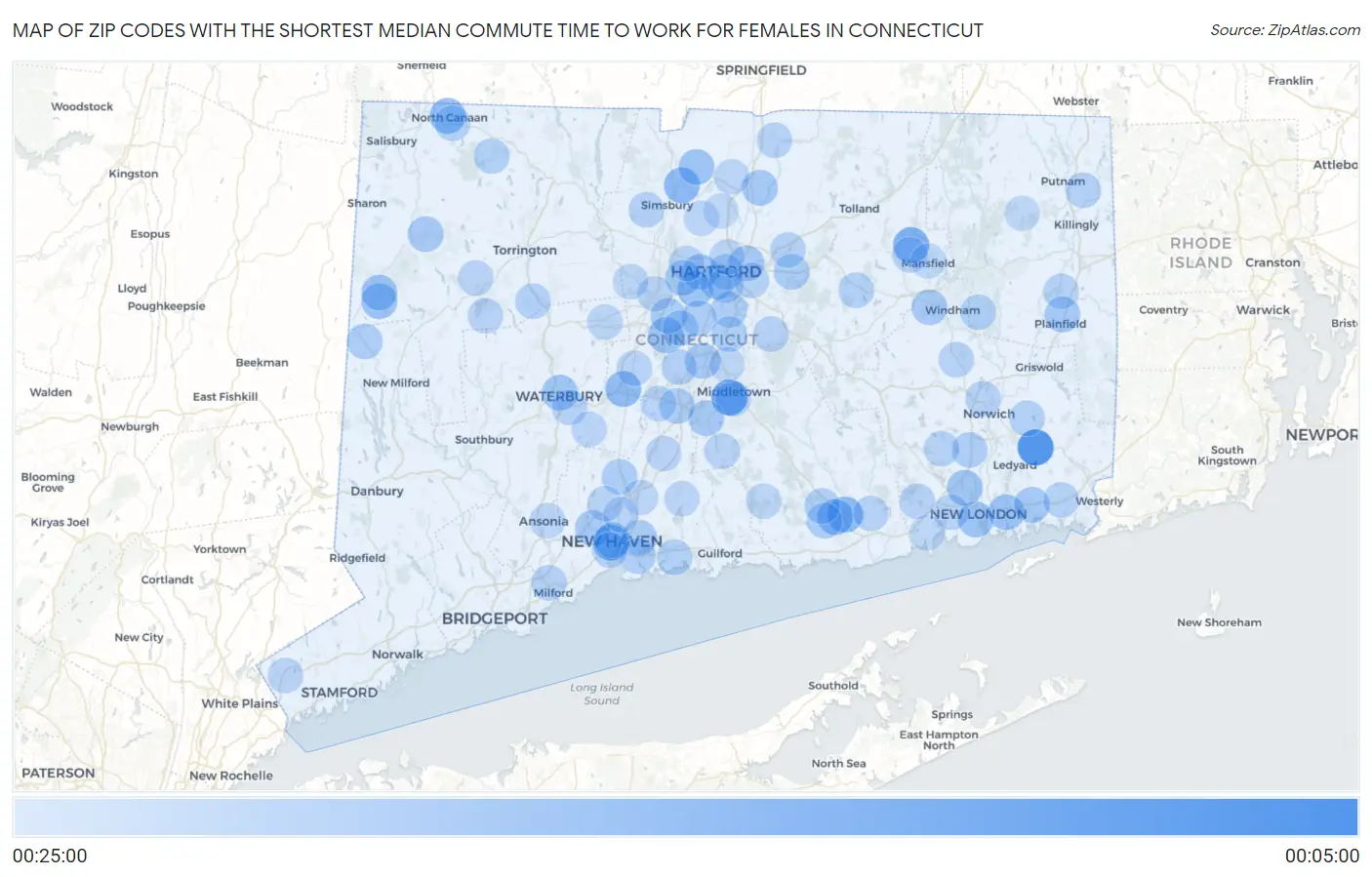 Zip Codes with the Shortest Median Commute Time to Work for Females in Connecticut Map