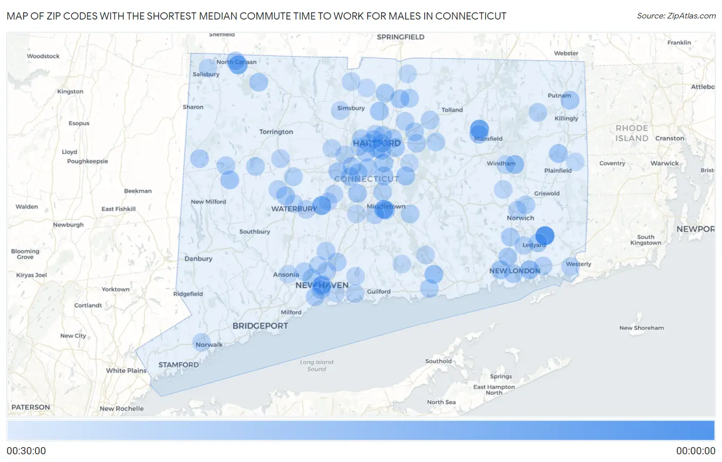Zip Codes with the Shortest Median Commute Time to Work for Males in Connecticut Map