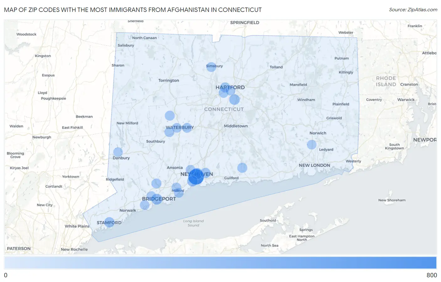 Zip Codes with the Most Immigrants from Afghanistan in Connecticut Map