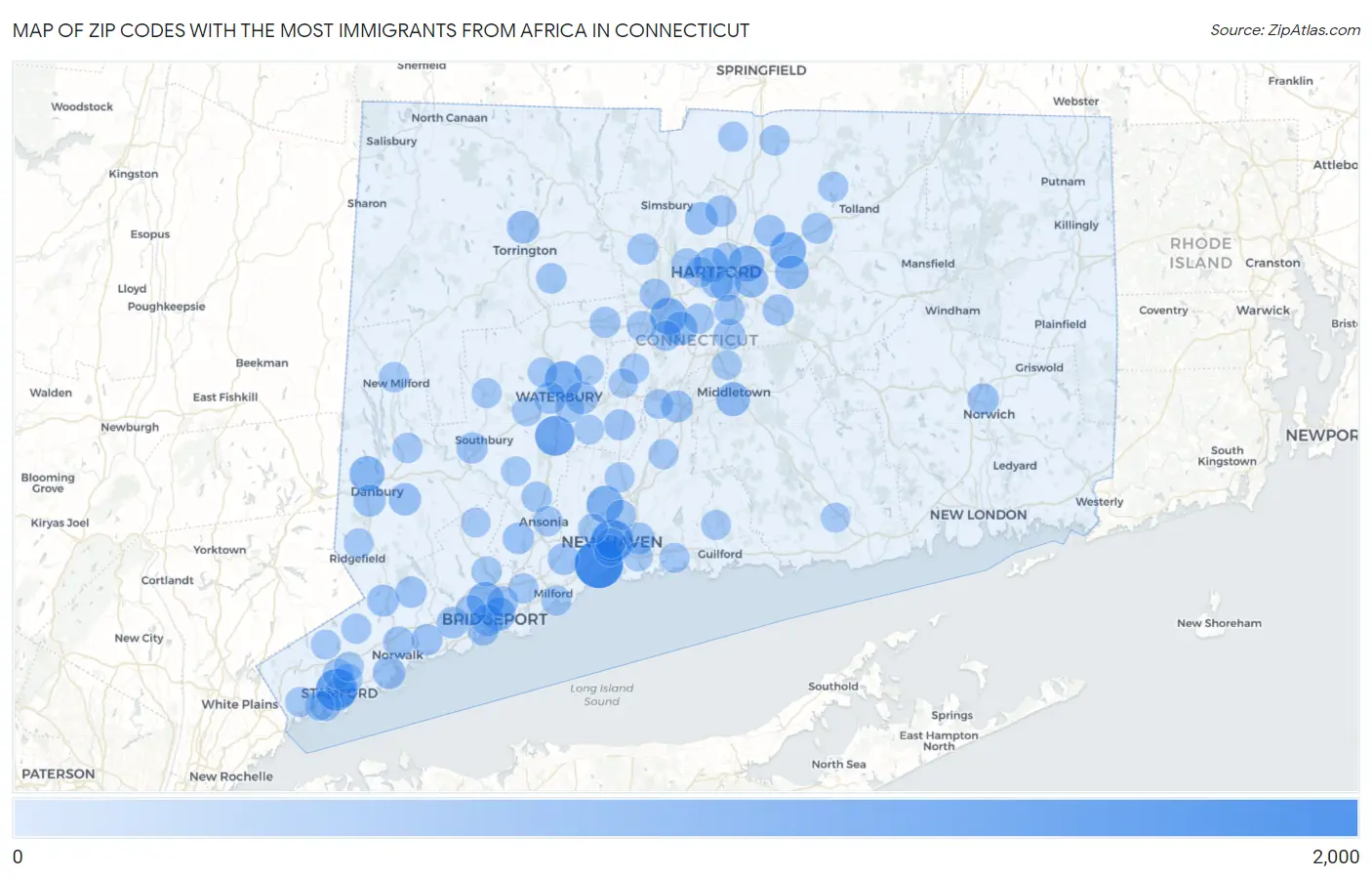 Zip Codes with the Most Immigrants from Africa in Connecticut Map
