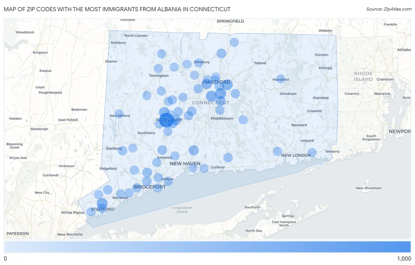 Zip Codes with the Most Immigrants from Albania in Connecticut Map