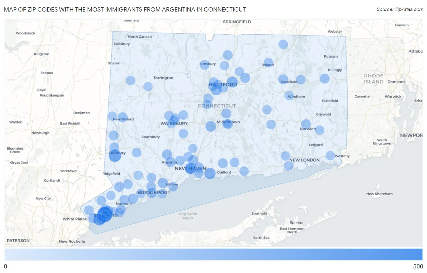 Zip Codes with the Most Immigrants from Argentina in Connecticut Map