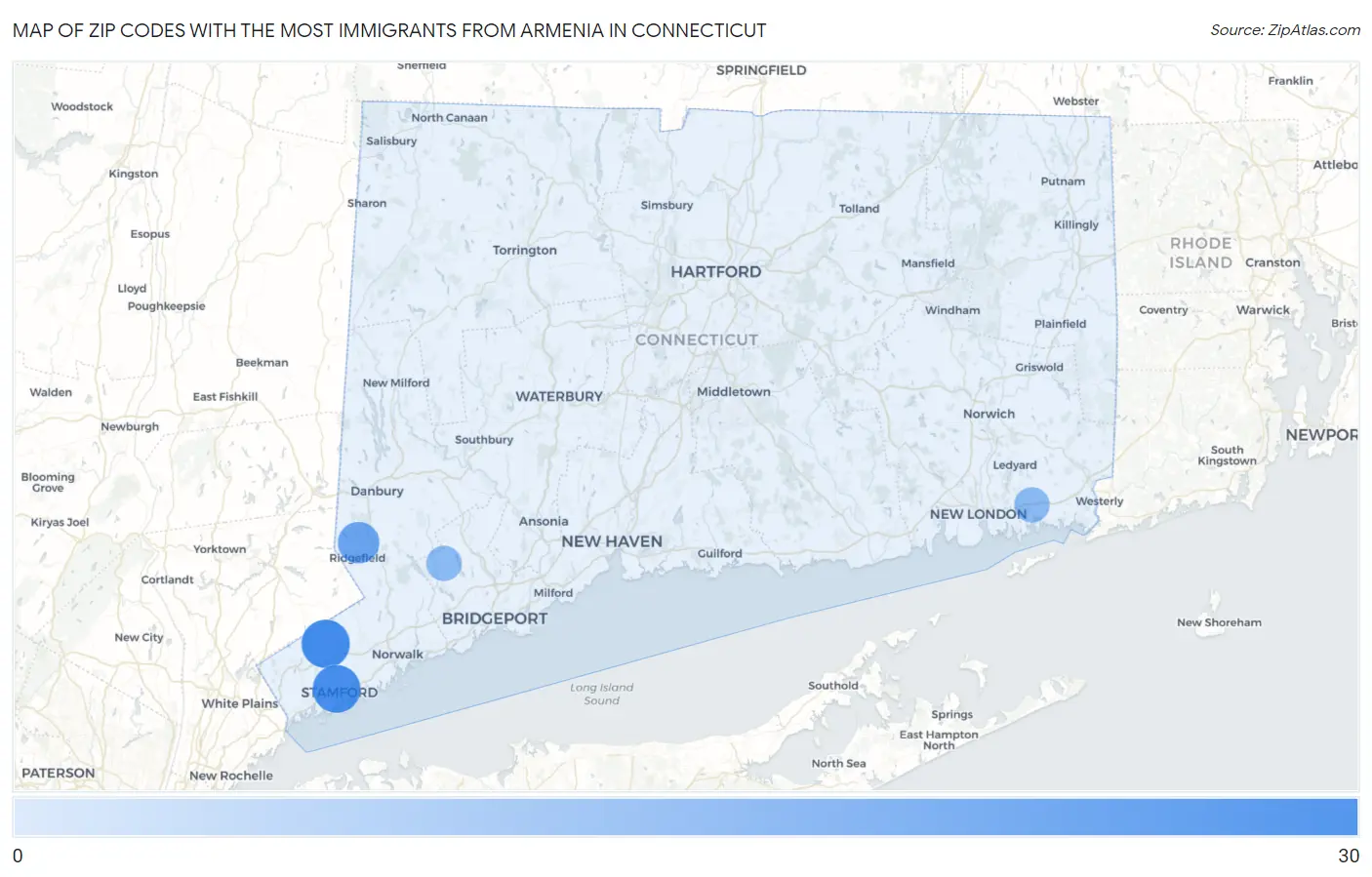 Zip Codes with the Most Immigrants from Armenia in Connecticut Map