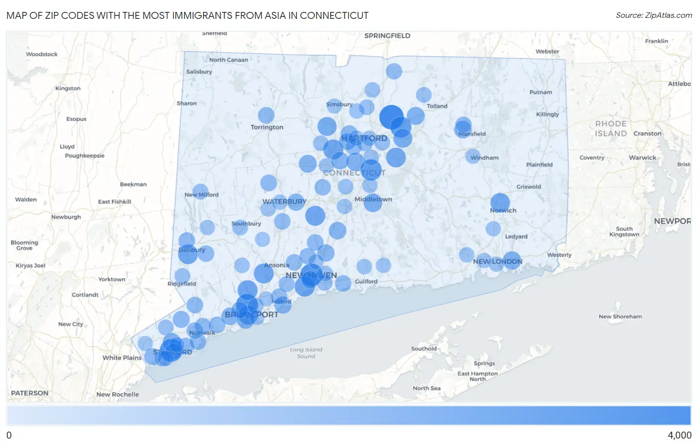 Zip Codes with the Most Immigrants from Asia in Connecticut Map
