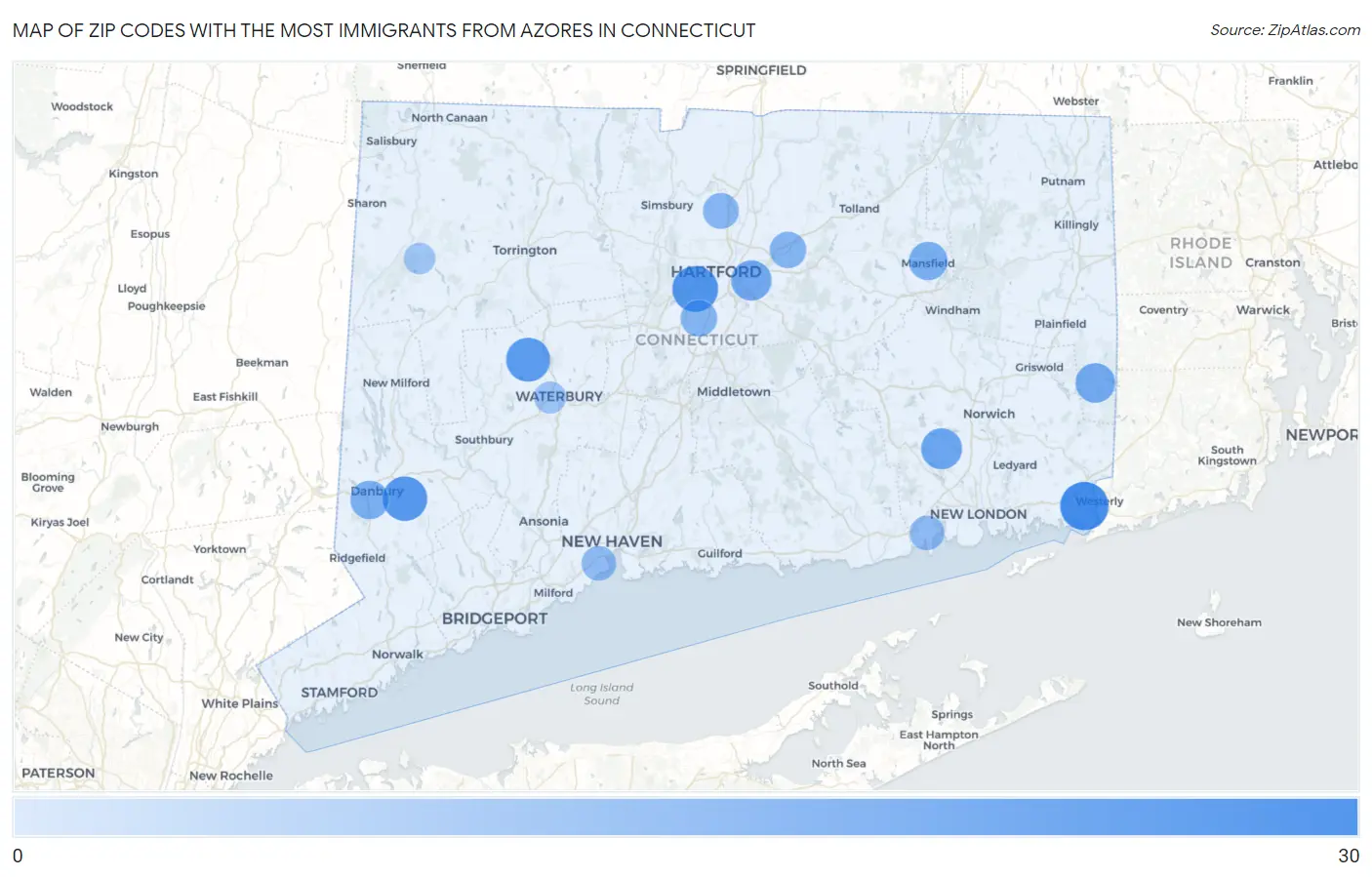 Zip Codes with the Most Immigrants from Azores in Connecticut Map