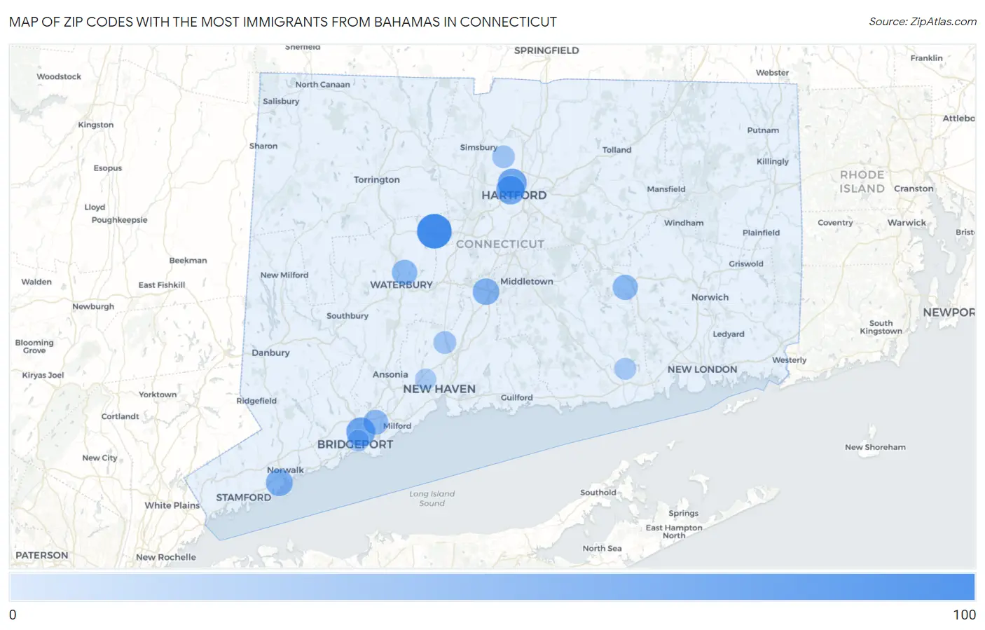 Zip Codes with the Most Immigrants from Bahamas in Connecticut Map