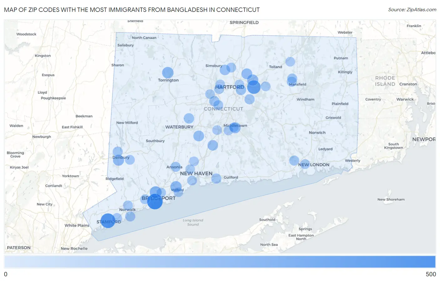 Zip Codes with the Most Immigrants from Bangladesh in Connecticut Map