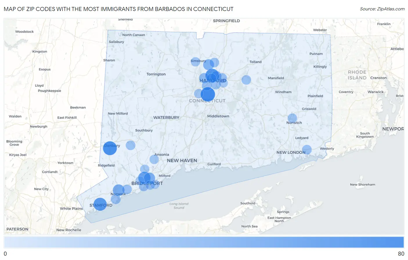 Zip Codes with the Most Immigrants from Barbados in Connecticut Map