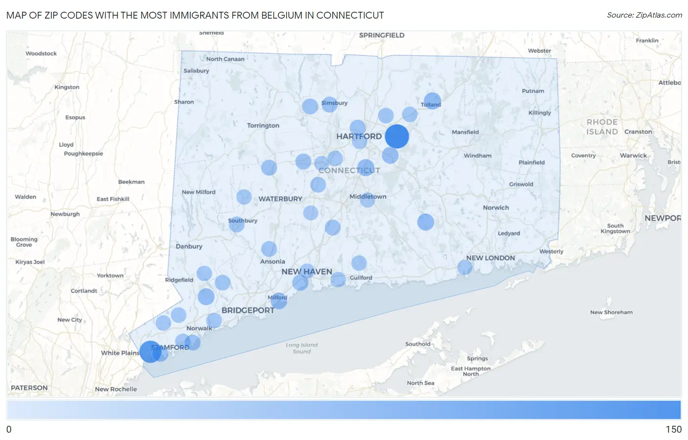 Zip Codes with the Most Immigrants from Belgium in Connecticut Map