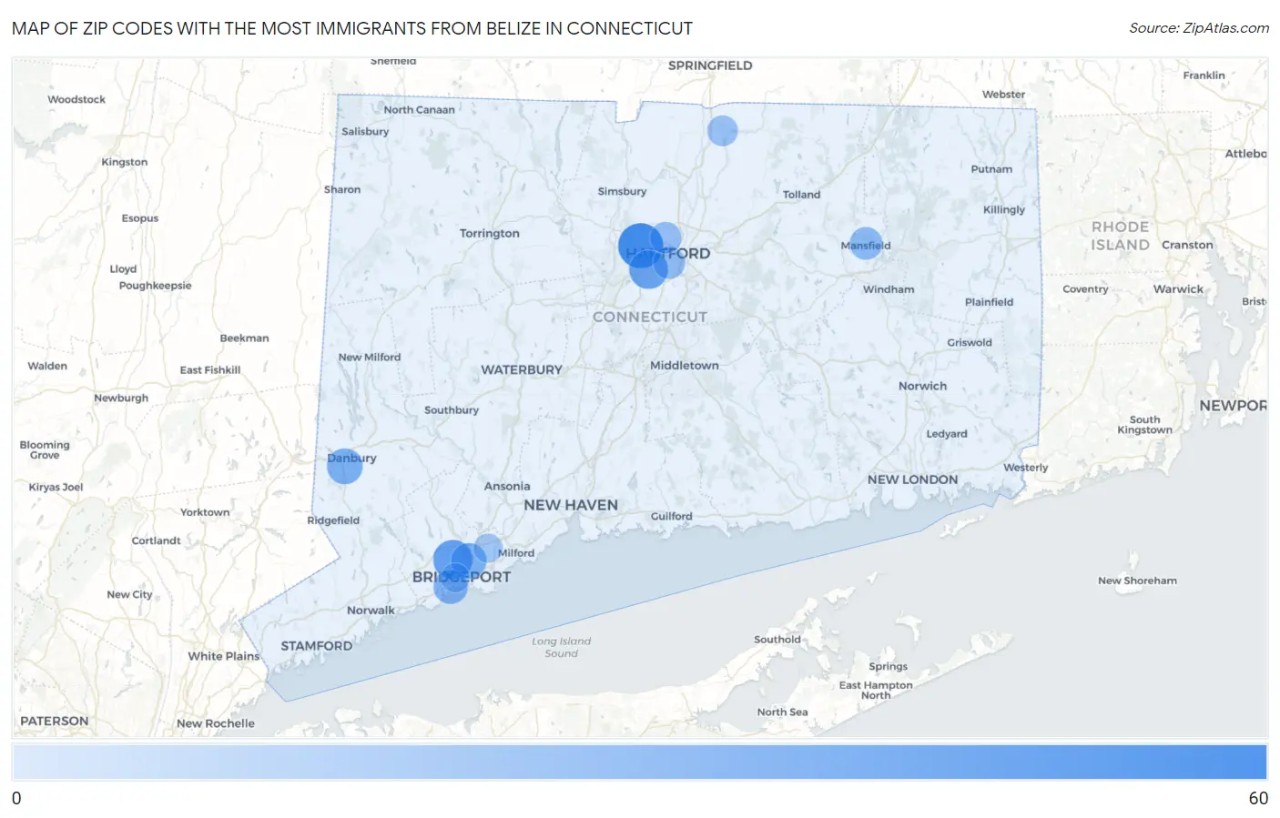 Zip Codes with the Most Immigrants from Belize in Connecticut Map