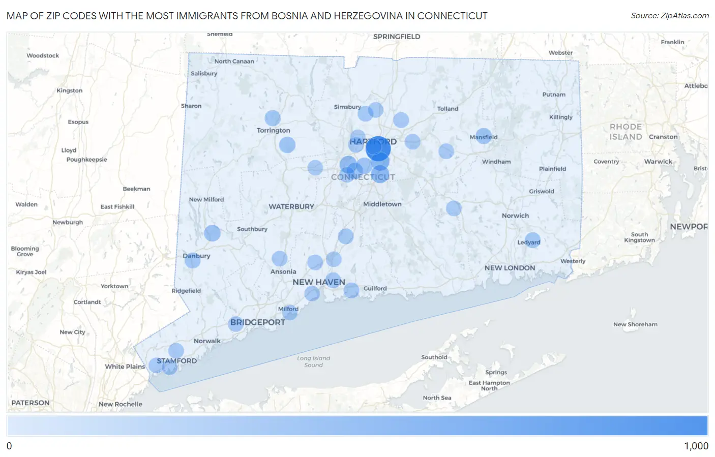 Zip Codes with the Most Immigrants from Bosnia and Herzegovina in Connecticut Map