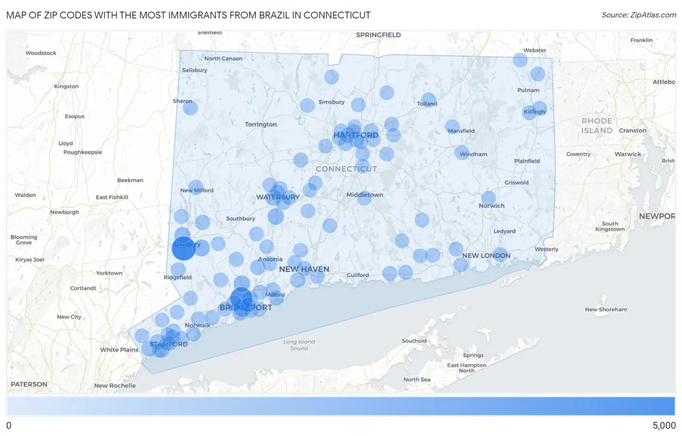 Zip Codes with the Most Immigrants from Brazil in Connecticut Map